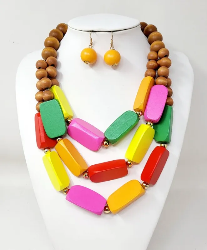 LIGHT MULTICOLOR WOODEN NECKLACE ( 10856 LMT ) sold by Oh My Jewelry