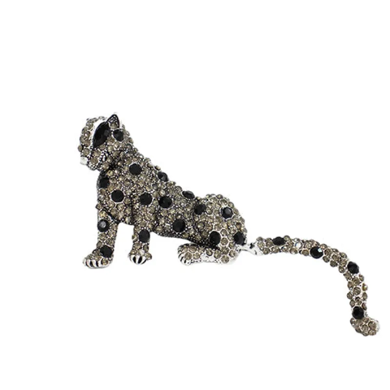 SILVER LEOPARD BROOCH BLACK HEMATITE STONES ( 2012 BKGR ) made by Oh My Jewelry