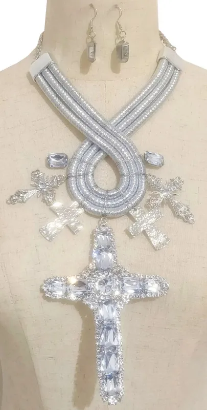 LARGE SILVER NECKLACE SET CROSS ( 3677 RHCL ) sold by Oh My Jewelry