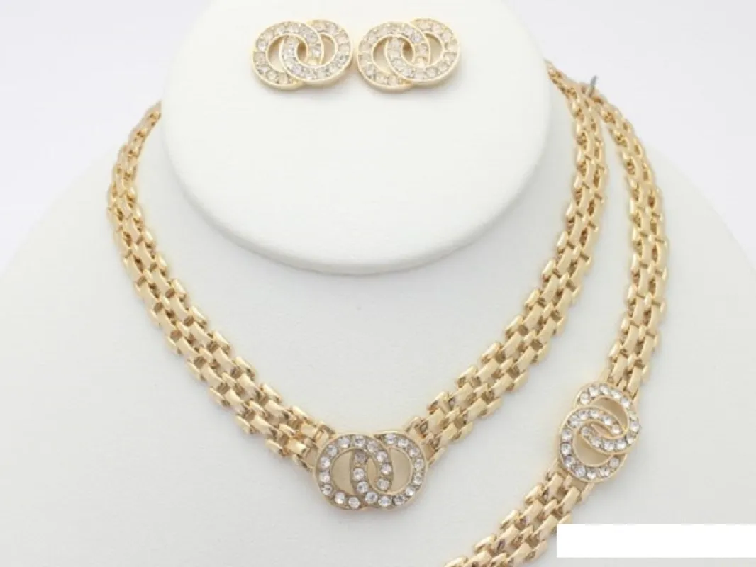 GOLD NECKLACE SET RINGS CLEAR STONES MATCHING BRACELET ( 120 GCL ) sold by Oh My Jewelry
