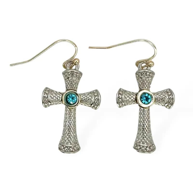 SILVER GOLD CROSS EARRINGS AQUA STONES ( 8848 EKAQ ) sold by Oh My Jewelry