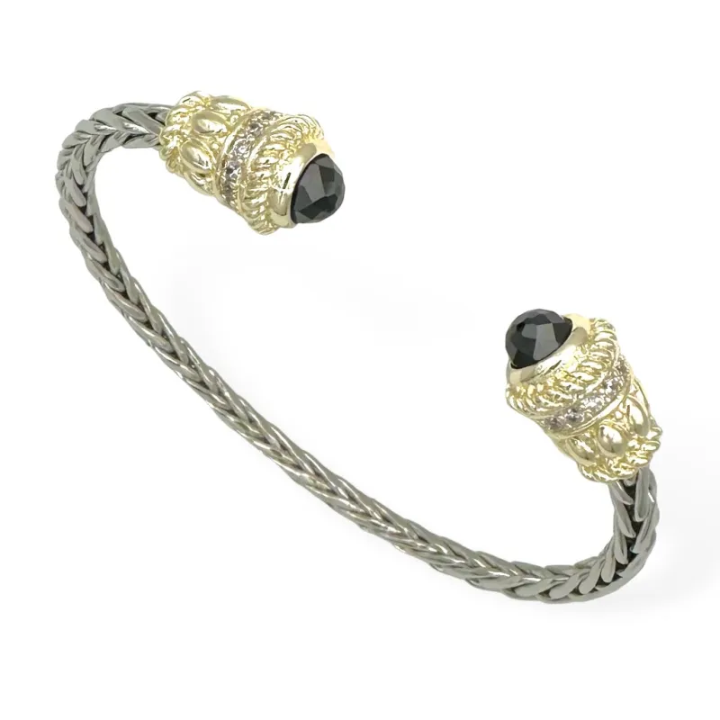 SILVER GOLD CUFF BANGLE BLACK CZ STONES ( 9325 J ) sold by Oh My Jewelry