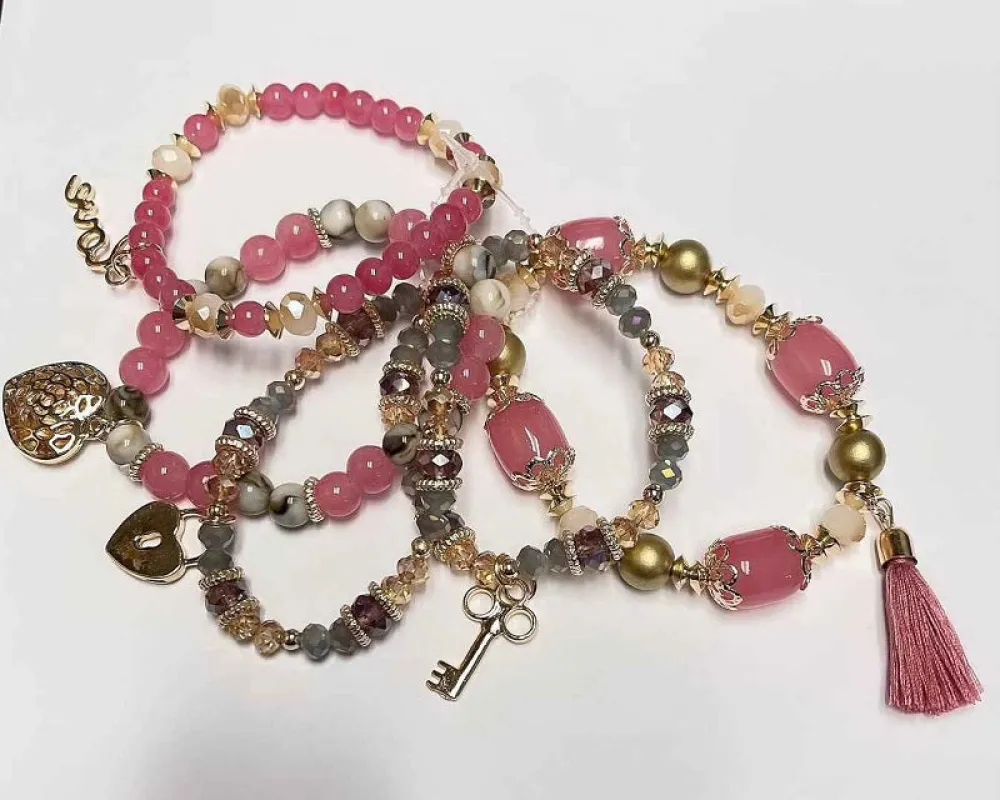 5 STRAND GOLD PINK STRETCH CHARM BRACELETS ( 590 PK ) sold by Oh My Jewelry