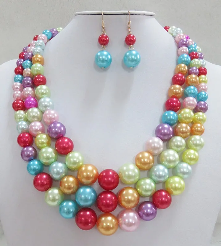 3 STRAND LIGHT MULTI COLOR FAUX PEARL NECKLACE SET ( 593 LMT ) sold by Oh My Jewelry