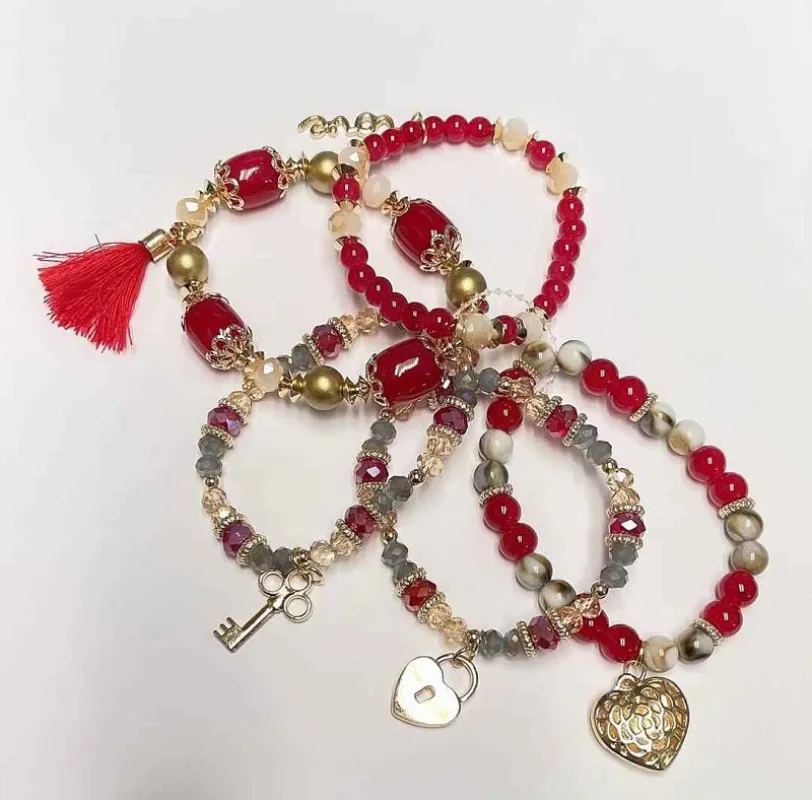 5 STRAND GOLD RED STRETCH CHARM BRACELETS ( 590 GRD ) sold by Oh My Jewelry