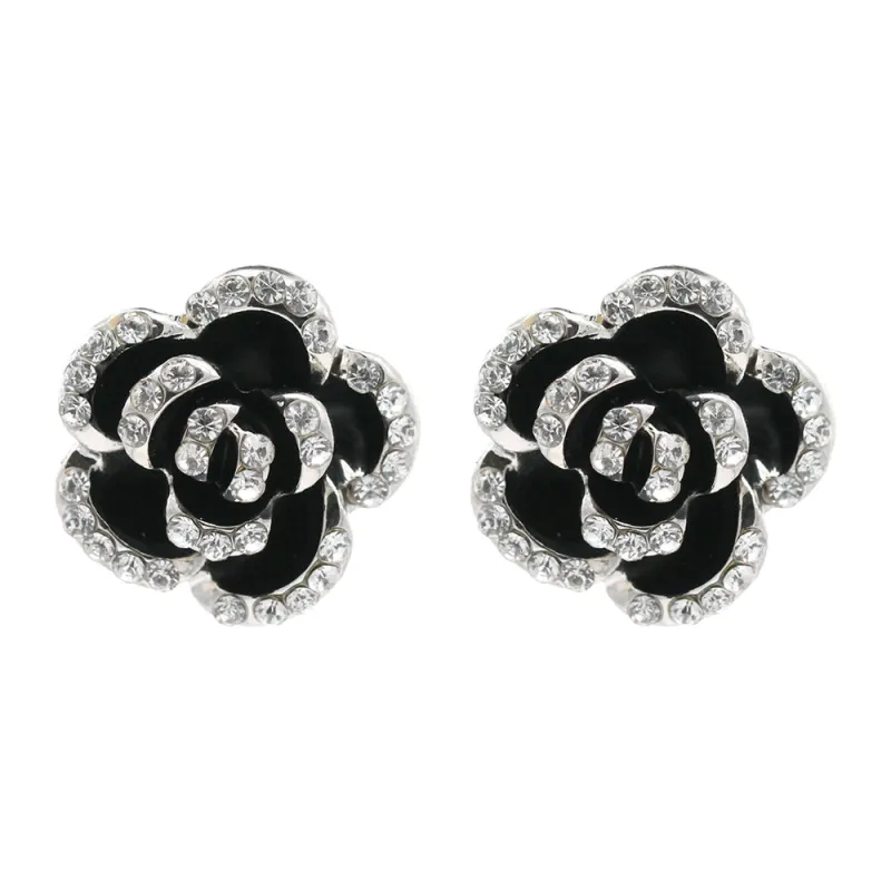 SILVER BLACK FLOWER EARRINGS CLEAR STONES ( 4263 SVBK ) sold by Oh My Jewelry