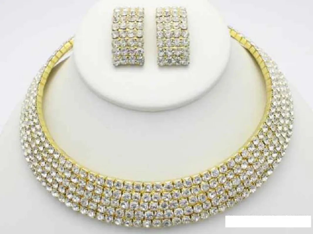 GOLD CHOKER NECKLACE SET CLEAR STONES ( 10720 G ) sold by Oh My Jewelry