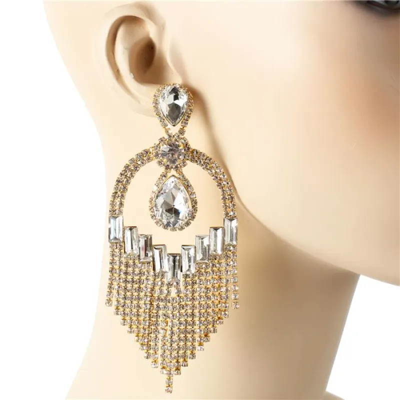 GOLD CHANDELIER EARRINGS CLEAR STONES ( 8384 GCL ) sold by Oh My Jewelry