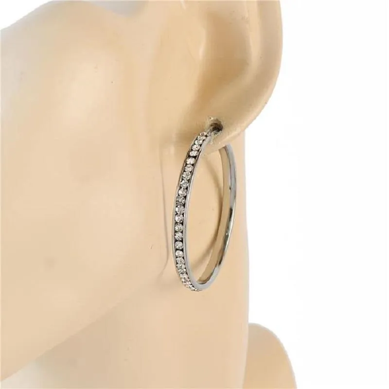 SILVER CLEAR RHINESTONES STAINLESS STEEL HOOP EARRINGS ( 559-50 ) sold by Oh My Jewelry