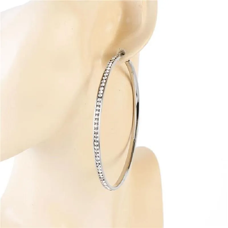 SILVER CLEAR RHINESTONES STAINLESS STEEL HOOP EARRINGS ( 559-60 ) sold by Oh My Jewelry