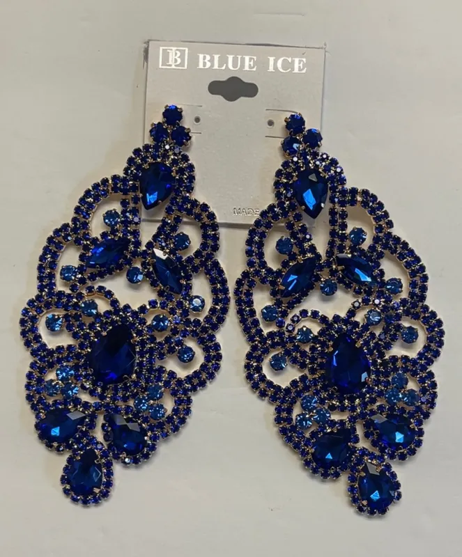 GOLD CHANDELIER EARRINGS BLUE STONES ( 35235 GBL ) sold by Oh My Jewelry