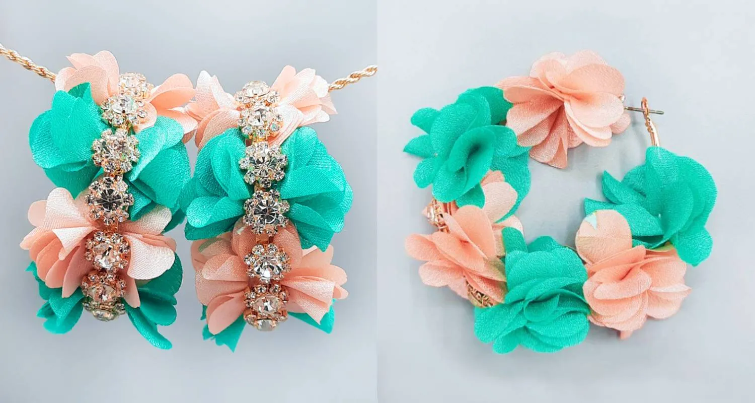 HANDMADE GOLD BLUE LIGHT PINK FABRIC HOOP EARRINGS CLEAR STONES ( 2460 GDBLMIX ) sold by Oh My Jewelry