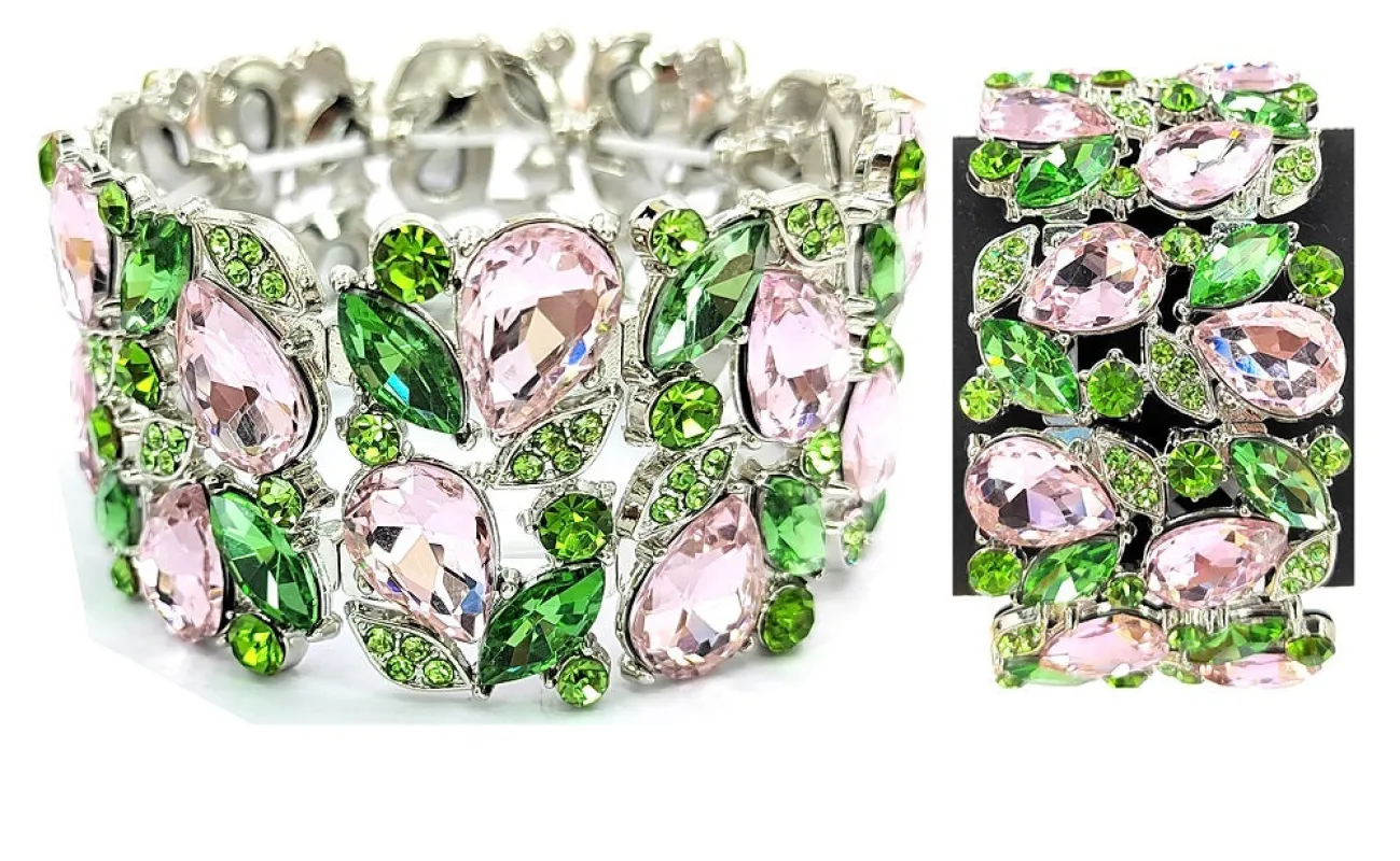 SILVER STRETCH BRACELET PINK GREEN STONES ( 0237 3PG ) sold by Oh My Jewelry
