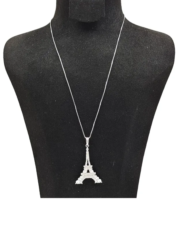 SILVER EIFFEL TOWER NECKLACE CLEAR STONES ( 0070 3C ) sold by Oh My Jewelry