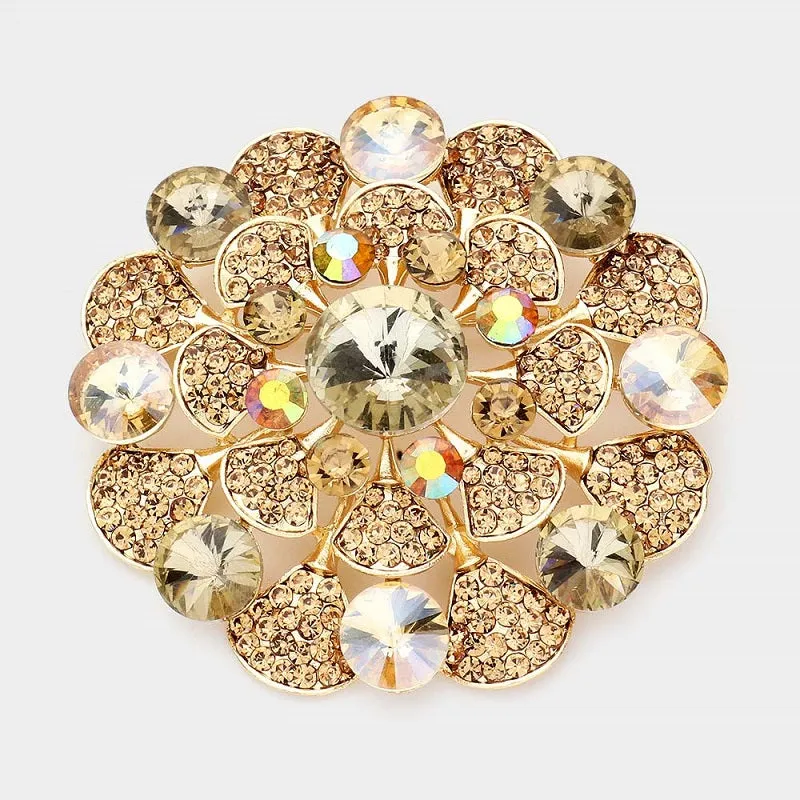 3'" GOLD TOPAZ BROWN RHINESTONE FLOWER SHAPE BROOCH ( P1372 GTOP ) sold by Oh My Jewelry