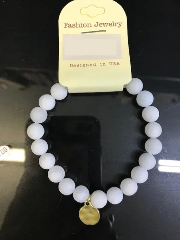 WHITE NATURAL STONE STRETCH BRACELET GOLD CHARM ( 1003 08 WH ) made by Oh My Jewelry