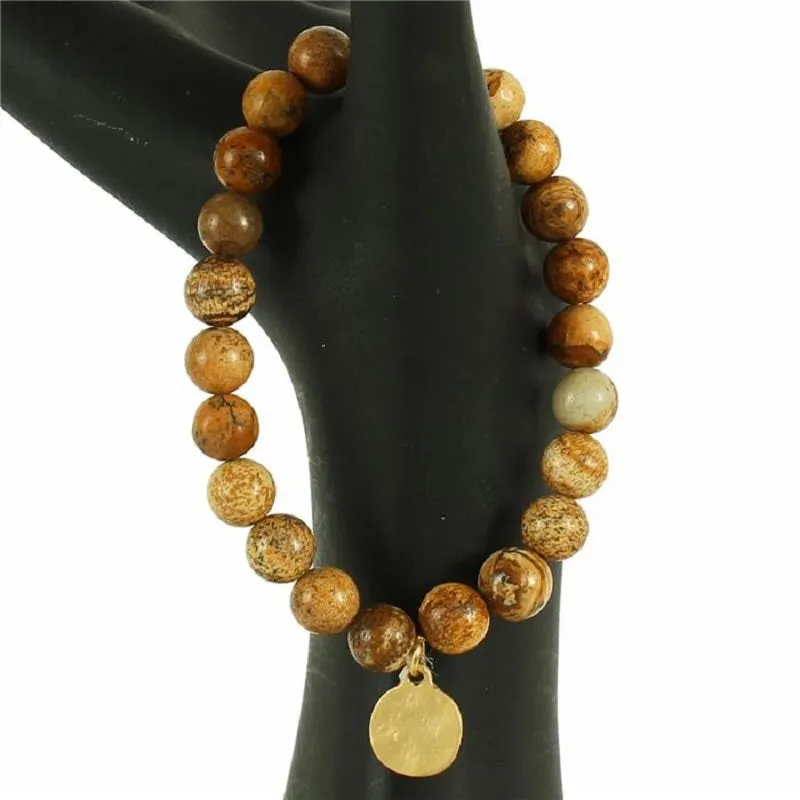 Gold Hammered Disc 8mm Round BROWN Beaded Stretch Bracelet ( 1003-20) sold by Oh My Jewelry