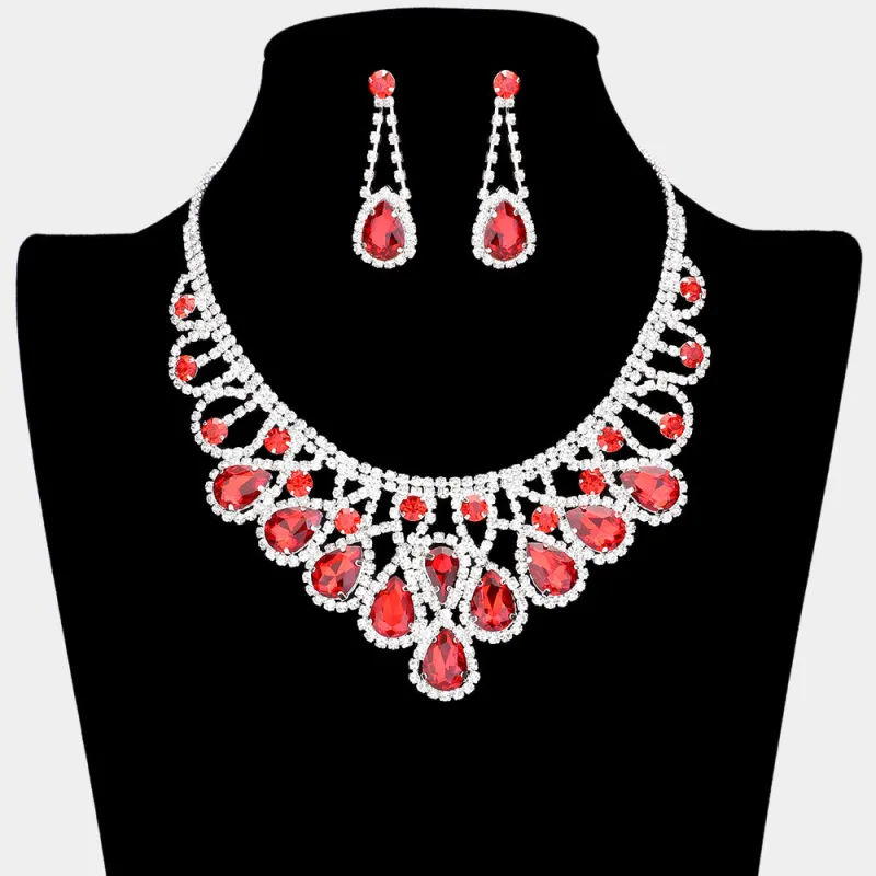 SILVER NECKLACE SET RED CLEAR STONES ( 15237 SRD ) made by Oh My Jewelry