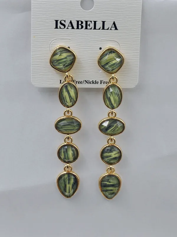 GOLD DANGLING GEOMETRIC SHAPE EARRINGS GREEN STONES ( 241514 GR ) sold by Oh My Jewelry