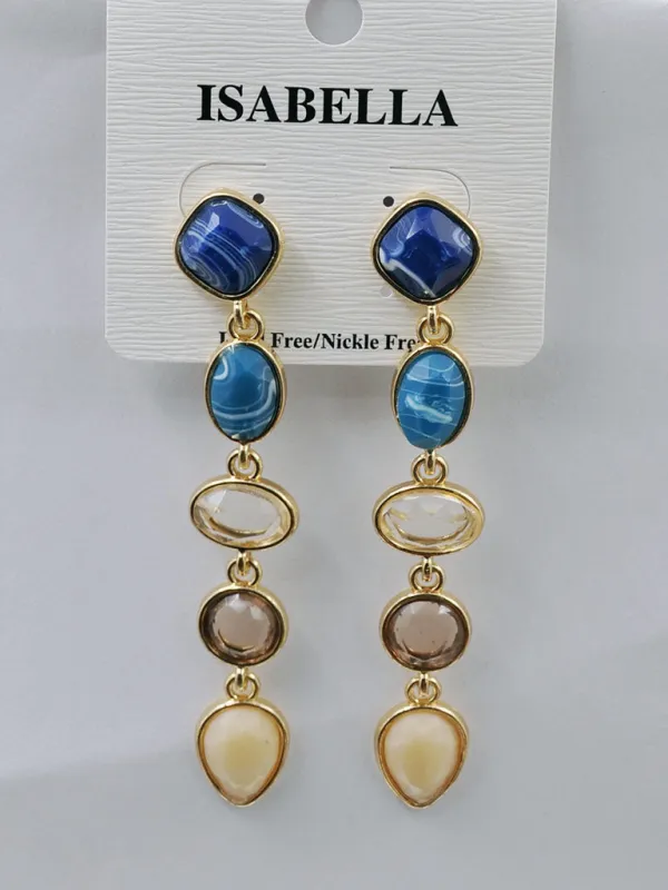 GOLD DANGLING GEOMETRIC SHAPE EARRINGS BLUE STONES ( 241514 BU ) made by Oh My Jewelry