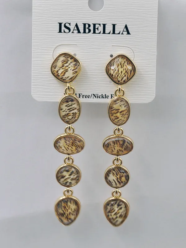 GOLD DANGLING GEOMETRIC SHAPE EARRINGS BROWN STONES ( 241514 BN ) sold by Oh My Jewelry