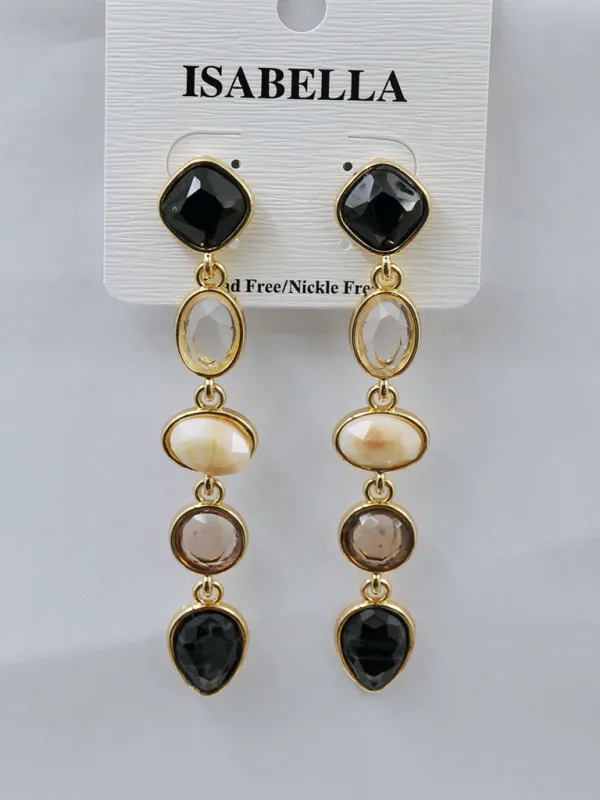 GOLD DANGLING GEOMETRIC SHAPE EARRINGS BLACK STONES ( 241514 BK ) sold by Oh My Jewelry