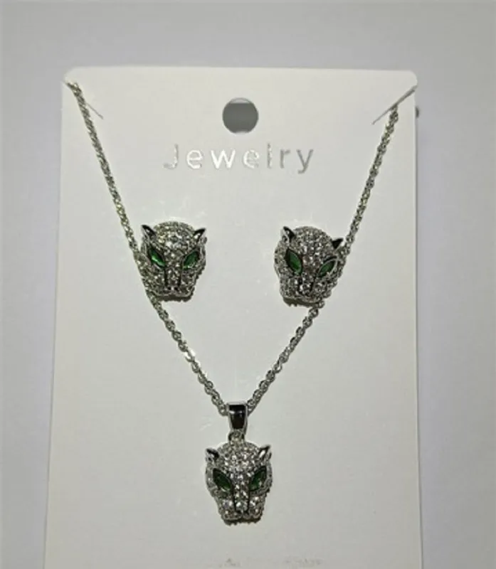 SILVER CAT NECKLACE SET CLEAR GREEN STONES ( 027 3CL ) sold by Oh My Jewelry
