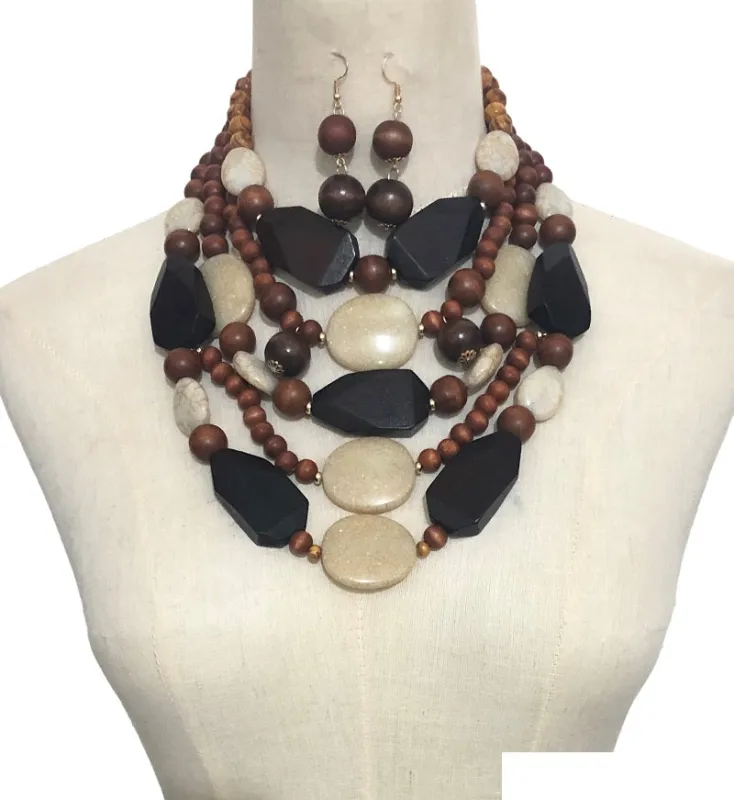 WOOD MULTI LAYERED NECKLACE SET ( 33752 WD ) sold by Oh My Jewelry
