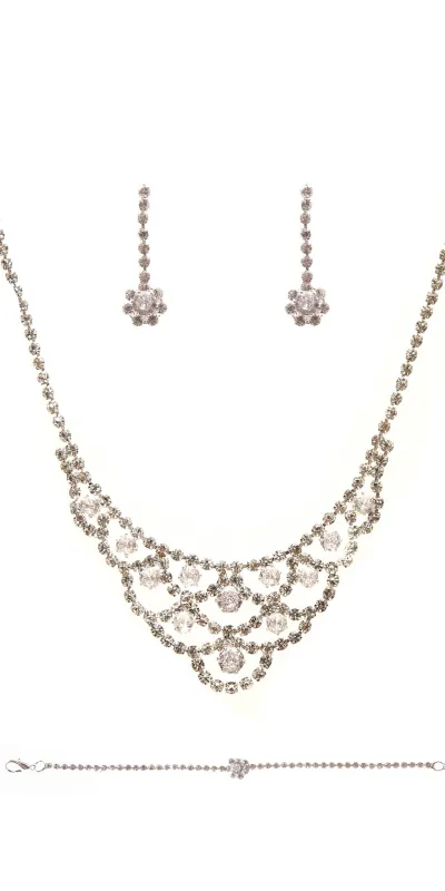 SILVER NECKLACE SET BRACELET CLEAR STONES ( 22370 CLSV ) made by Oh My Jewelry