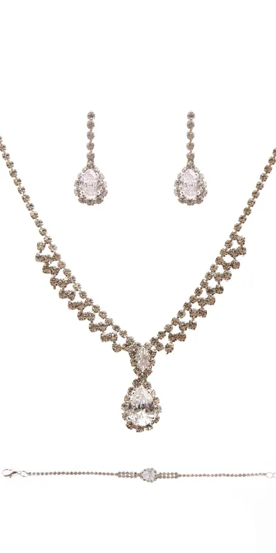 SILVER NECKLACE SET BRACELET CLEAR STONES ( 22369 CLSV ) sold by Oh My Jewelry