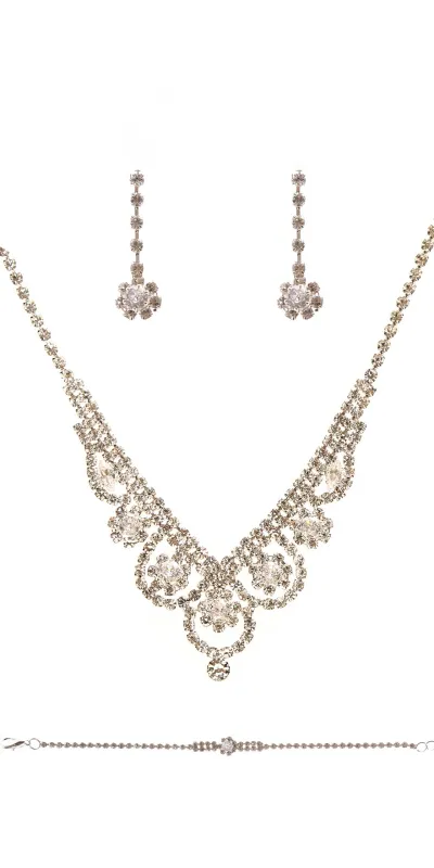 SILVER NECKLACE SET BRACELET CLEAR STONES ( 22368 CLSV ) sold by Oh My Jewelry