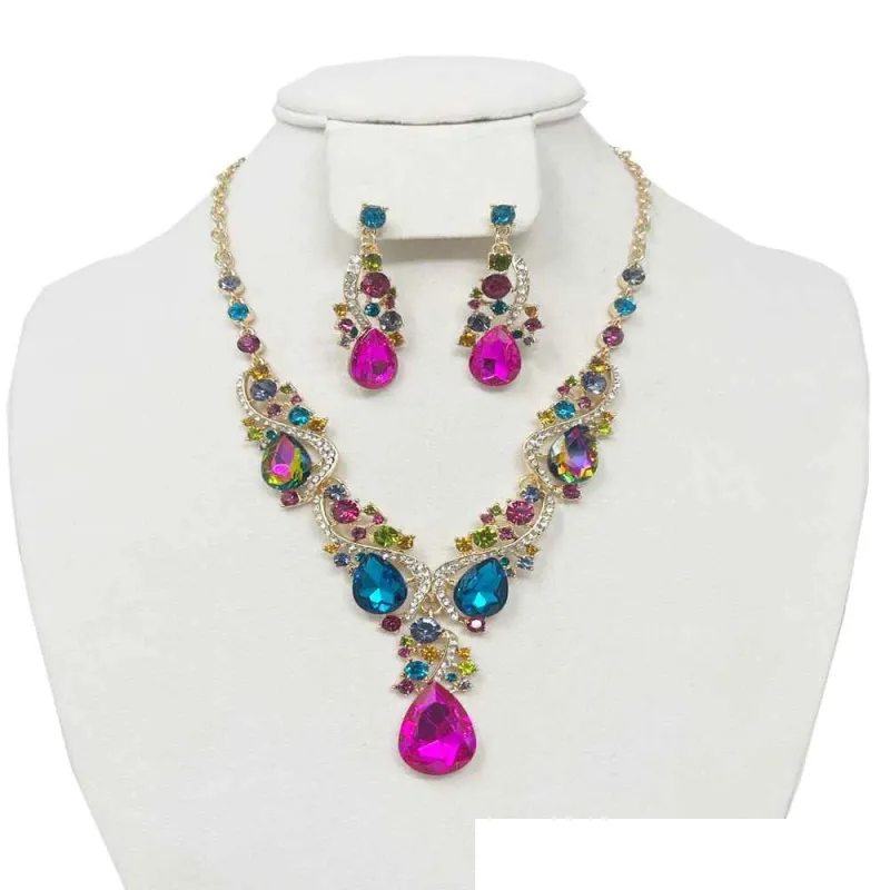 GOLD NECKLACE SET MULTI COLOR STONES ( 12339 GMU ) sold by Oh My Jewelry