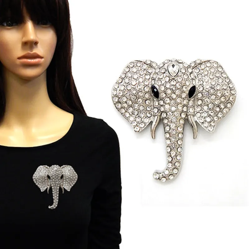 LARGE SILVER ELEPHANT HEAD BROOCH CLEAR STONES ( 2093 RDCLR ) sold by Oh My Jewelry