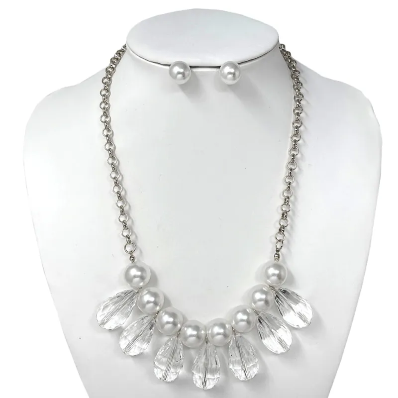 SILVER NECKLACE SET WHITE PEARLS CLEAR STONES ( 10749 RCL ) sold by Oh My Jewelry