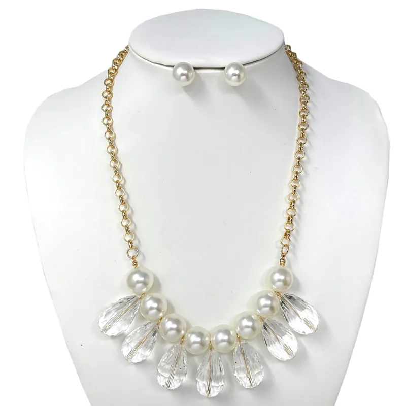 GOLD NECKLACE SET CREAM PEARLS CLEAR STONES ( 10749 GCL ) sold by Oh My Jewelry