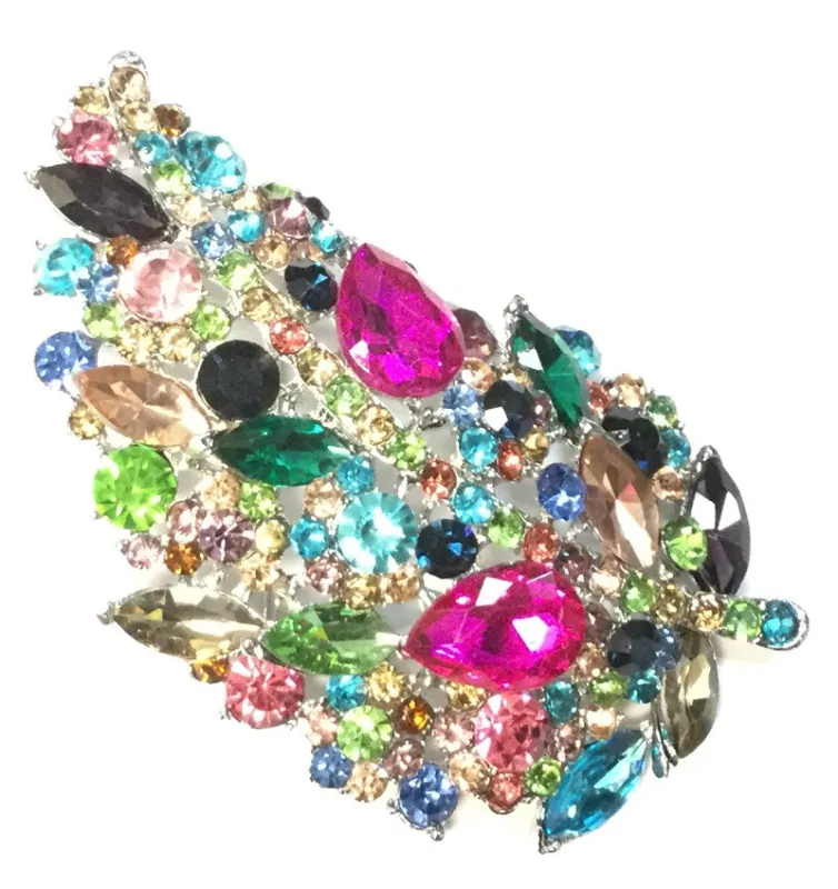 3 3/4" SILVER MULTI COLOR Rhinestone Leaf Brooch ( 06540 MT ) sold by Oh My Jewelry
