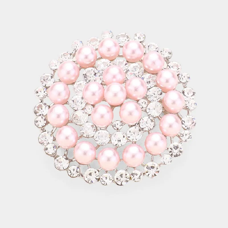 2.5" ROUND PINK PEARL CLEAR RHINESTONE SILVER SETTING BROOCH PIN ( 06670 PI ) sold by Oh My Jewelry