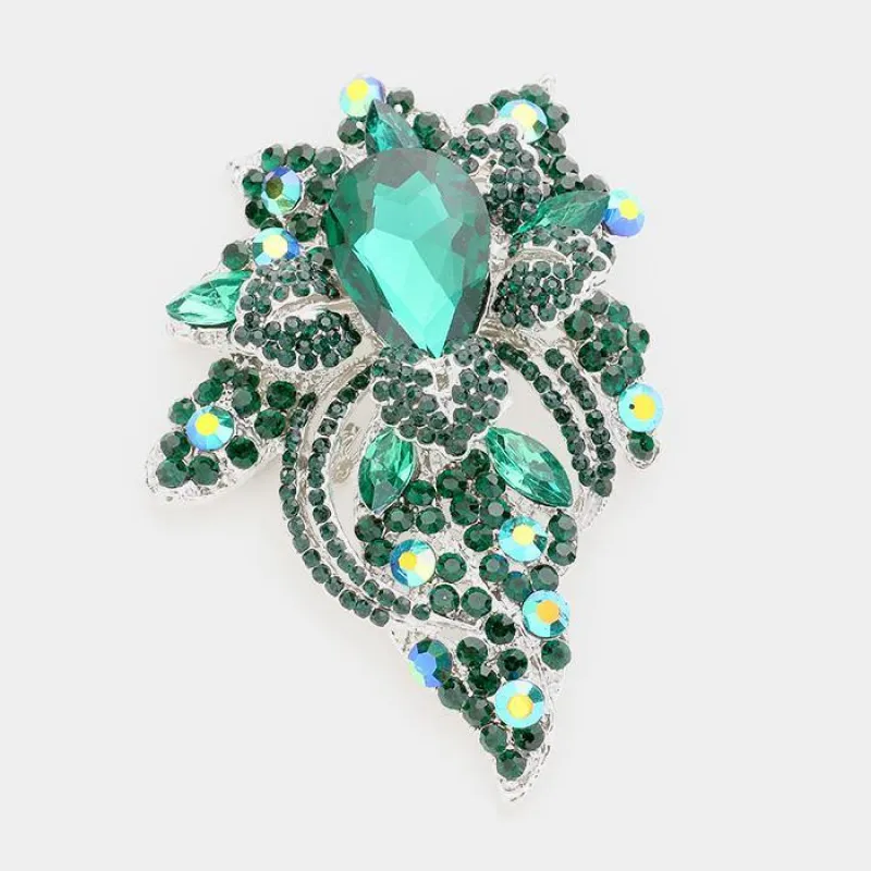 SILVER FLORAL BROOCH WITH EMERALD GREEN RHINESTONES ( 06193 EMGN ) sold by Oh My Jewelry