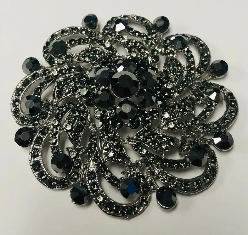 SILVER FLORAL BROOCH BLACK DIAMOND STONES ( 0644 SBKD ) sold by Oh My Jewelry