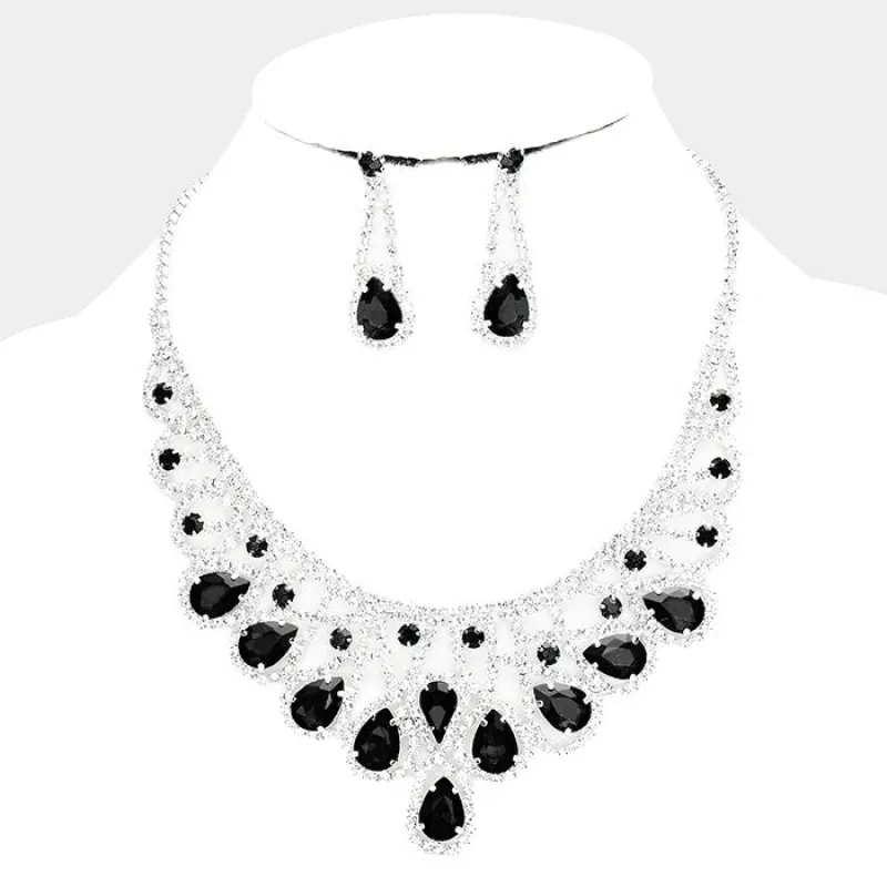 SILVER NECKLACE SET BLACK CLEAR STONES ( 15237 SCLBK ) sold by Oh My Jewelry