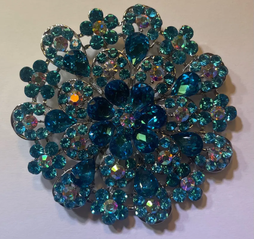SILVER AQUA BLUE FLOWER BROOCH ( 06417 ABL ) sold by Oh My Jewelry
