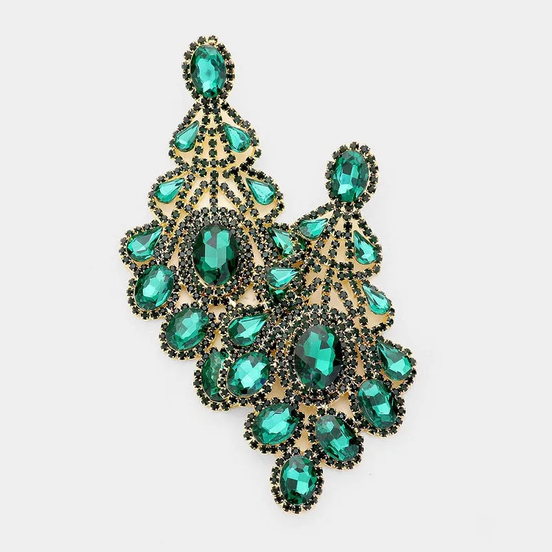 4.25" Gold with Green Rhinestone Oversized Chandelier Evening Earrings ( 3021 ) sold by Oh My Jewelry