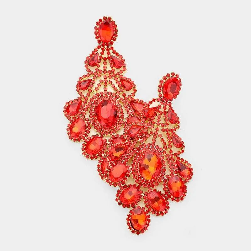 4.25" Gold with Red Rhinestone Oversized Chandelier Evening Earrings ( 3021 GRED PIERCE ) sold by Oh My Jewelry