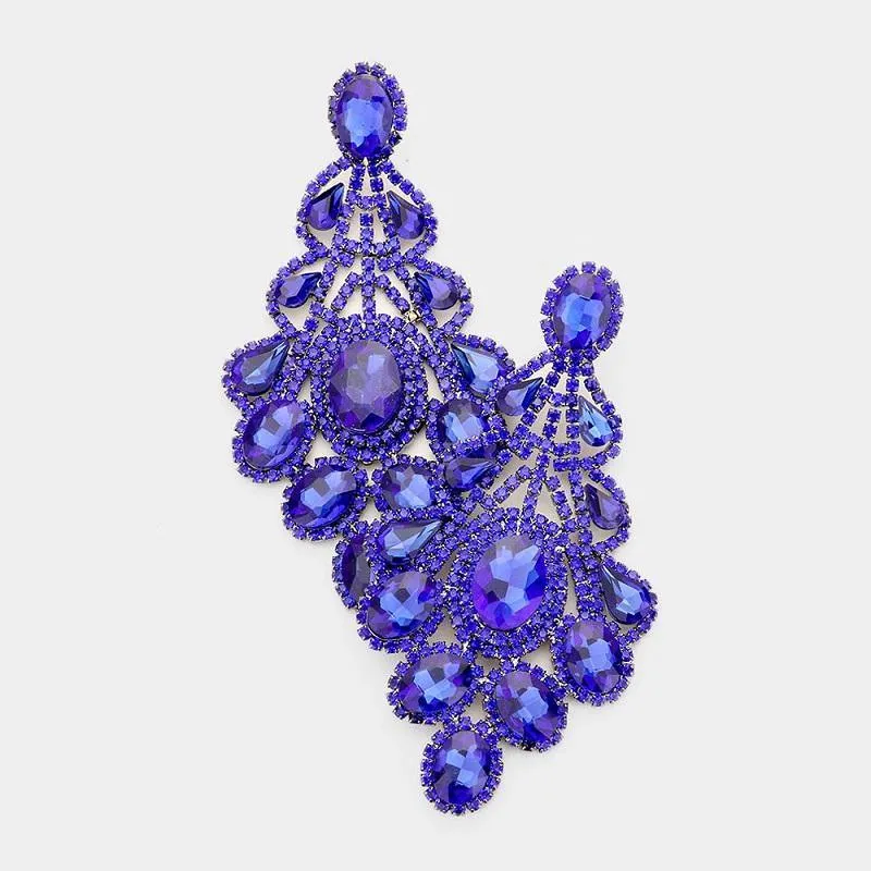 4.25" Royal Blue Rhinestone Oversized Chandelier Evening Earrings ( 3021 RBL PIERCE ) sold by Oh My Jewelry