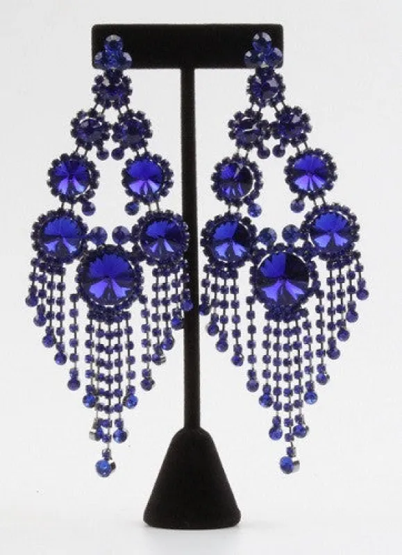 Royal Blue Large Round Stones and Fringe Chandelier Earrings ( 7592 PIERCE ) sold by Oh My Jewelry