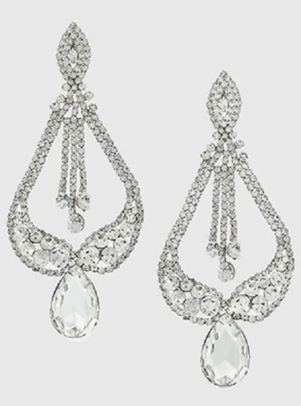 Large Silver Clear Teardrop Rhinestone Chandelier Earrings ( 7190 SCL PIERCE ) made by Oh My Jewelry