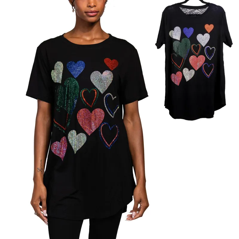BLACK T SHIRT HEART RHINESTONES ( 1418 BK ) sold by Oh My Jewelry