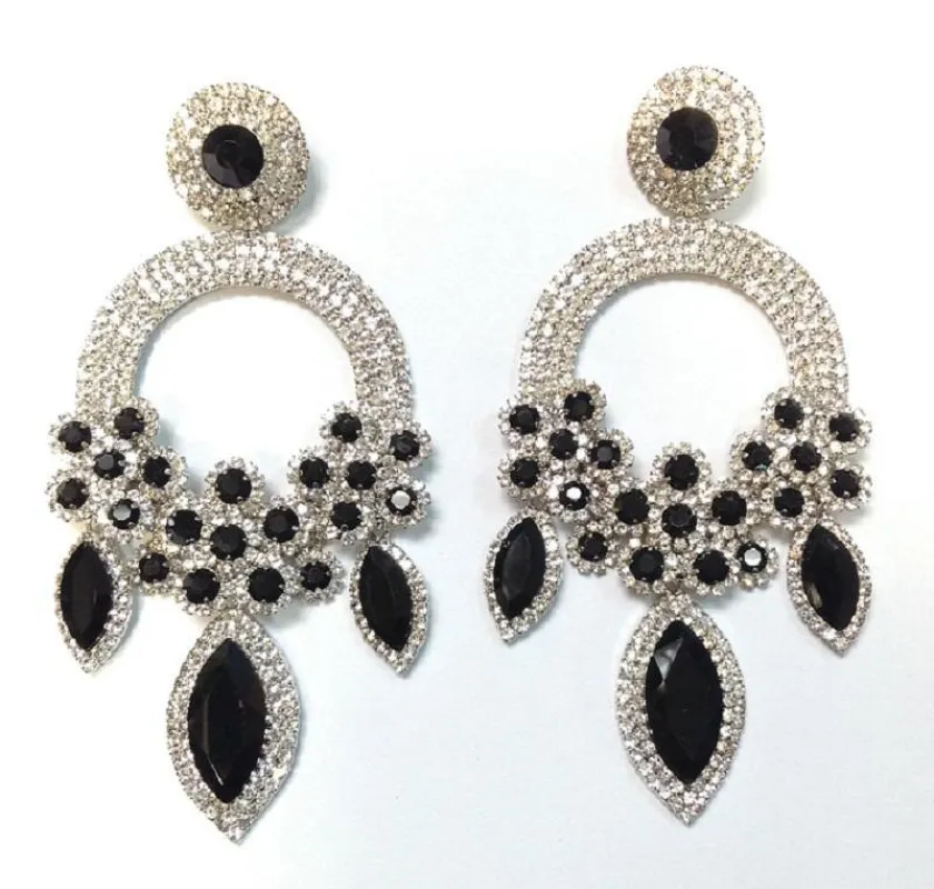 5 1/4" Long Large Jet Black and Clear Open Round Chandelier Rhinestone PIERCE Earrings ( 5319 ) sold by Oh My Jewelry