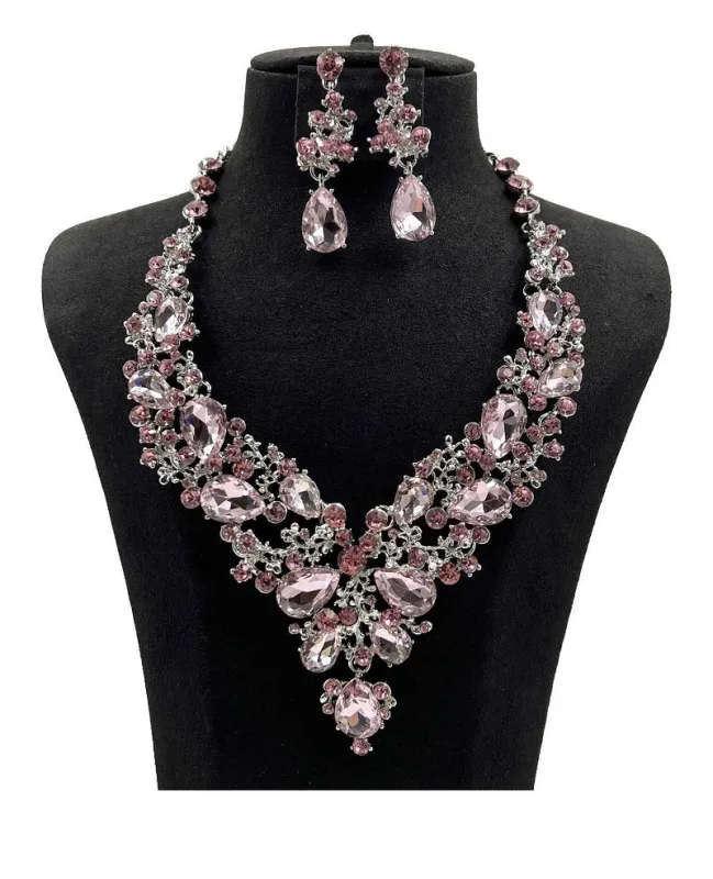SILVER PINK Rhinestone Necklace Set ( 0058 3PK ) made by Oh My Jewelry