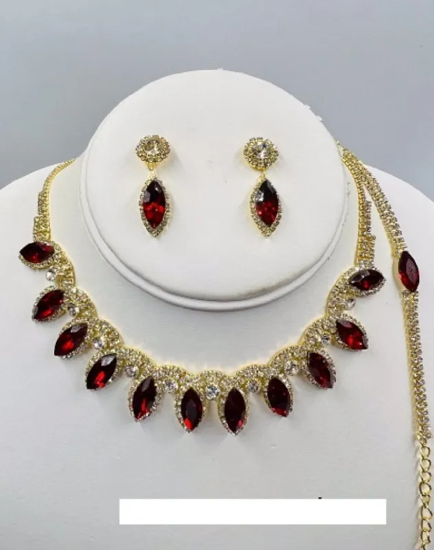 GOLD NECKLACE SET CLEAR RED STONES BRACELET ( 014 2RD ) made by Oh My Jewelry
